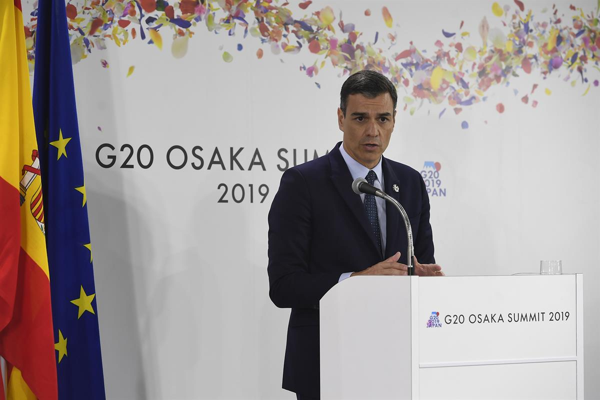 29/06/2019. Pedro Sánchez asiste a la Cumbre del G-20. El presidente del Gobierno en funciones, Pedro Sánchez, durante su intervención al fi...